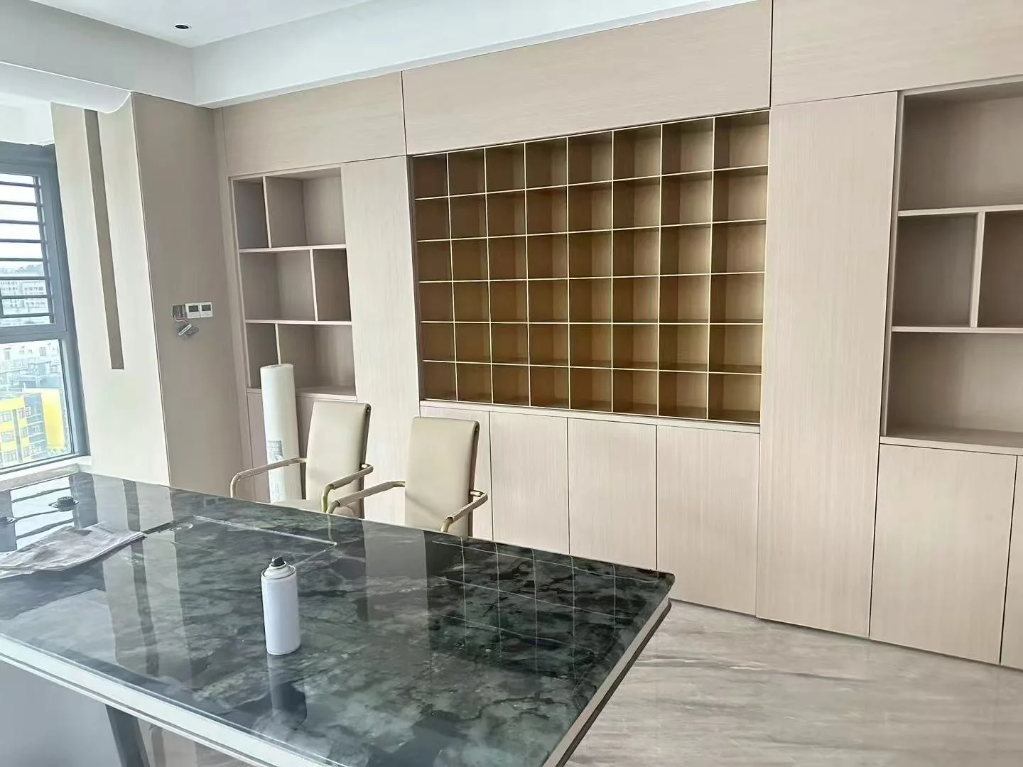 Corporate office built-in display shelving